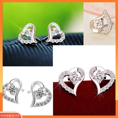 [WOD] Wanita Zirkon Hati925 Sterling Silver Disepuh Telinga Studs Earrings Perhiasan Hadiah