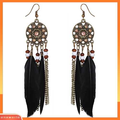 [WOD] Wanita Vintage Bohemia Etnik Dream Catcher Bulu Jumbai Anting Kait Panjang