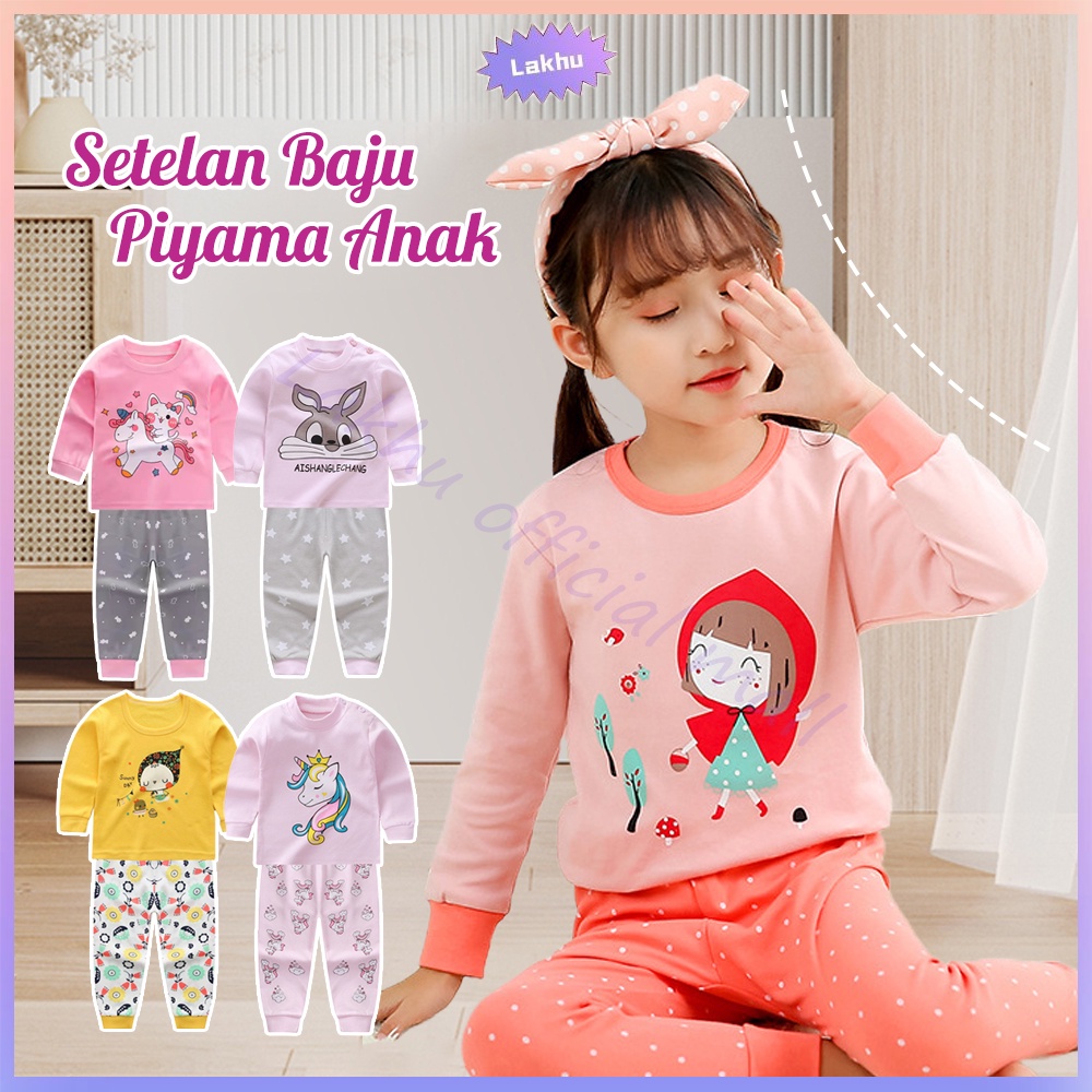 Lakhu Baju Tidur Anak Setelan Set Piyama Bayi Anak Lengan Panjang Bahan Lembut Import