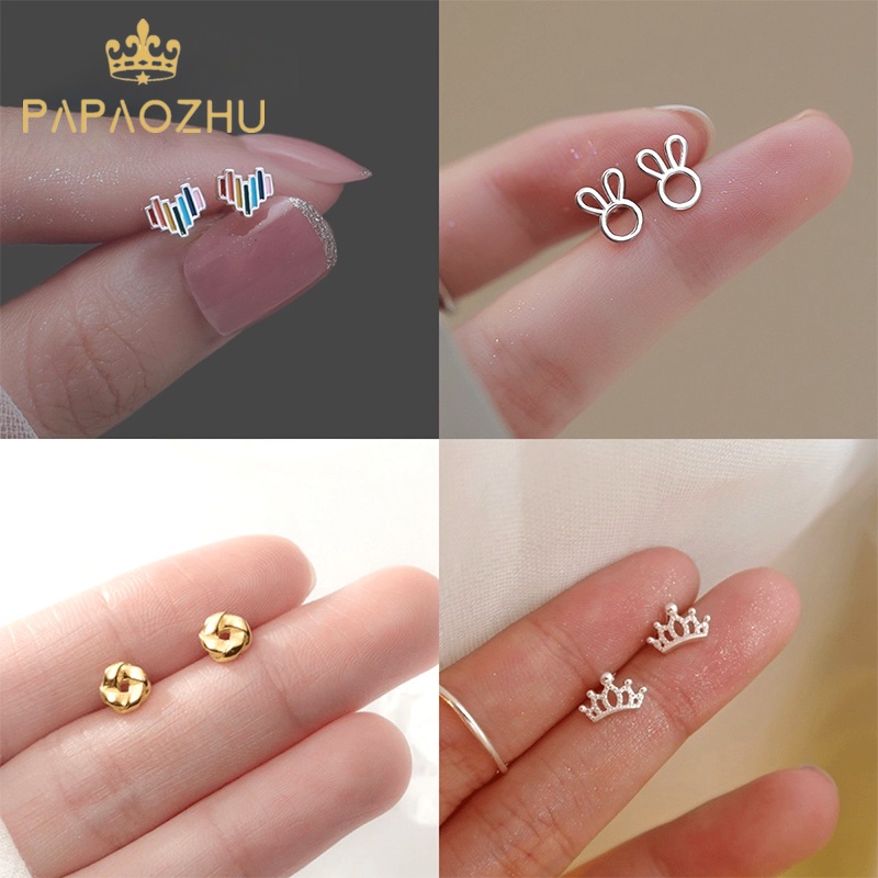 Papaozhu Lucu S925 Perak Kelinci Pelangi Jantung Stud Anting-Anting Untuk Wanita Gadis Gaya Mahkota Geometris Anting-Anting Temperamen Telinga Aksesoris Pakaian Sehari-Hari