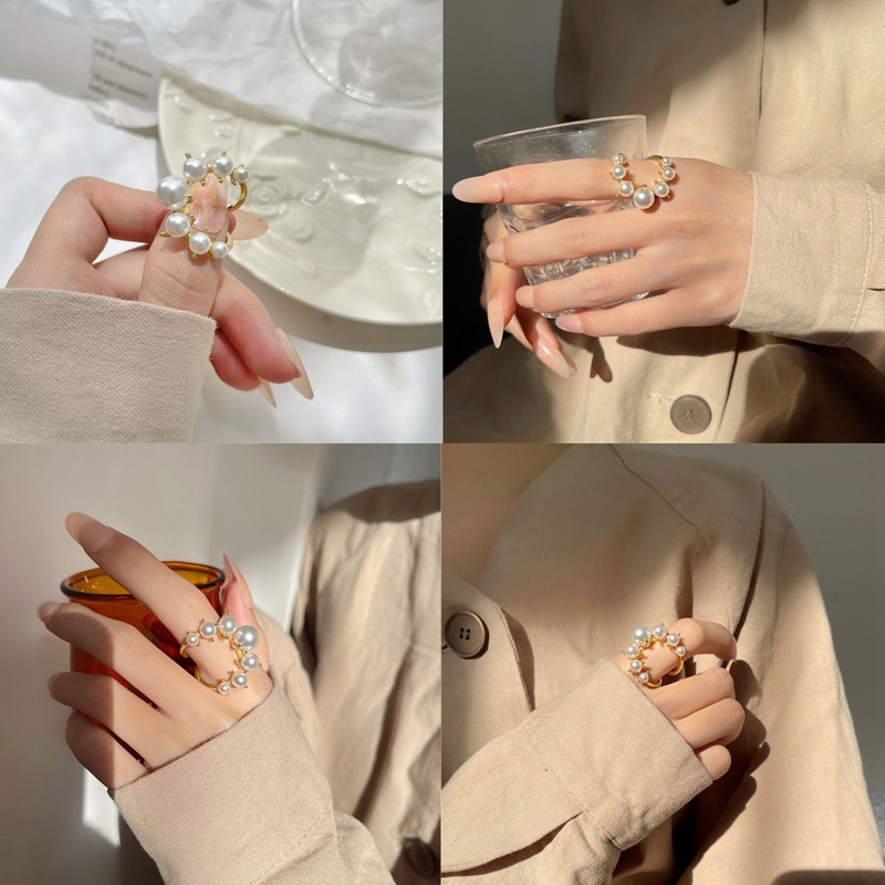 Fashion Besar Geometris Mutiara Berpasir Cincin Untuk Wanita Perhiasan Baru Kepribadian Pernyataan Cincin Terbuka