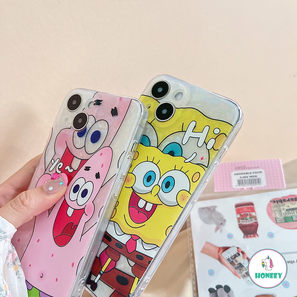 Casing Ponsel Motif Cangkang Glitter Untuk iPhone 14 Pro 11 12 13 Pro Max SpongeBob Lucu SquarePants Fashion Kartun Shockproof Back Cover