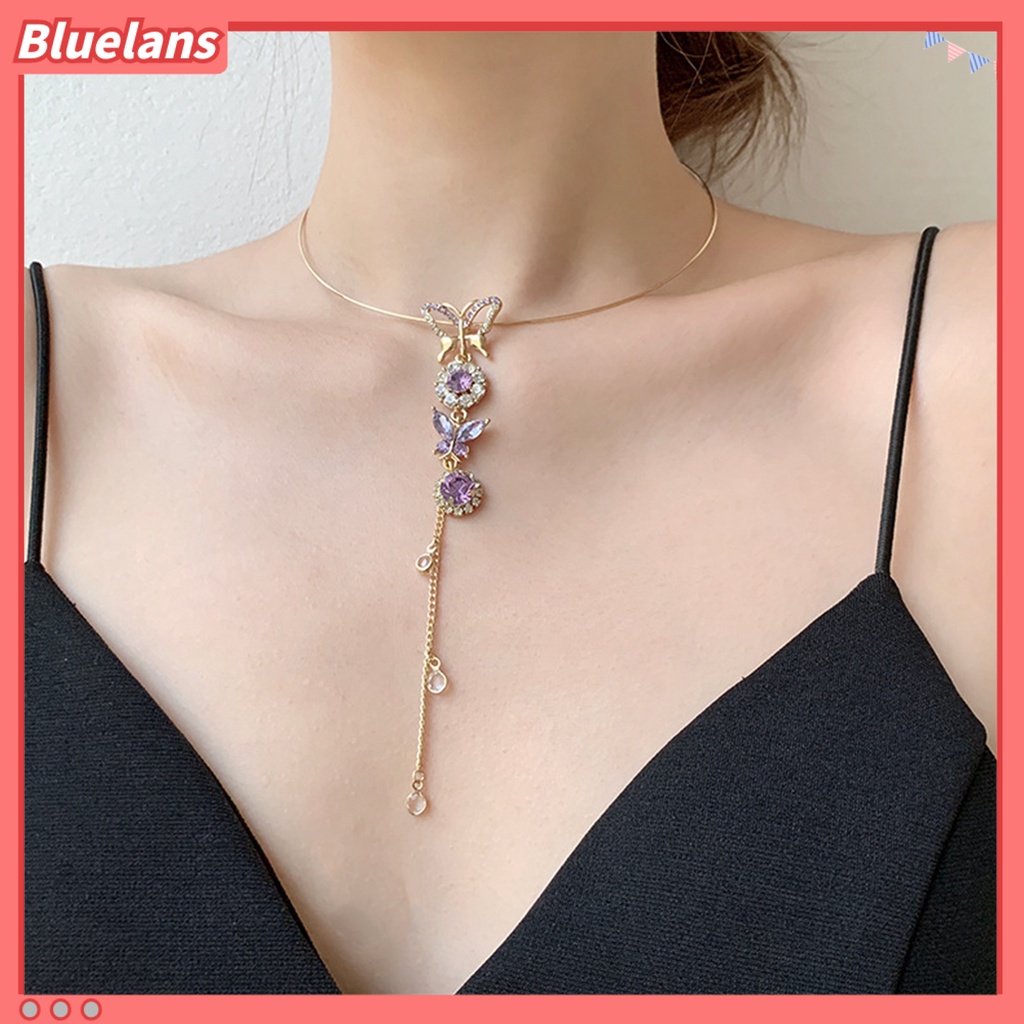 [BLS] Wanita Kupu-Kupu Berlian Imitasi Rumbai Adjustable Kerah Kalung Liontin Choker