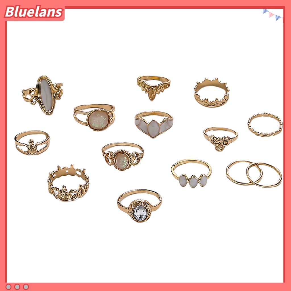 [BLS] 14pcs Hollow Stackable Knuckle Rings Alloy Gaya Etnik Langit Berbintang Permata Imitasi Jari Rings Perhiasan Aksesori