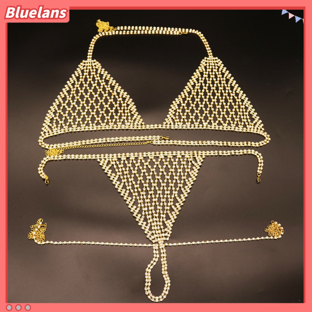 [BLS] 1set Rantai Tubuh Sexy Adjustable Berlebihan Mengkilap Berongga Keluar Berdandan Hadiah Berlian Imitasi Bikini Tubuh Rantai Pantai Bra Perhiasan Klub Malam Memakai