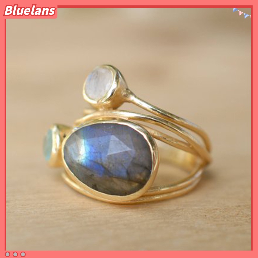 [BLS] Vintage Irregular Multilayer Buatan Moonstone Wanita Jari Cincin Perhiasan Hadiah