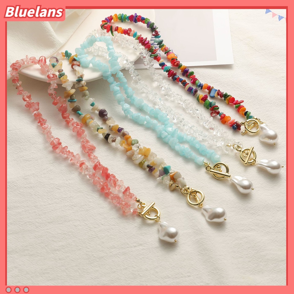 [BLS] Wanita Kalung Tidak Teratur Warna-Warni Batu Alam Manik-Manik Rantai Gaun Elegan Fashion Perhiasan Batu Kalung Mutiara Imitasi Klavikula Rantai Perhiasan Hadiah