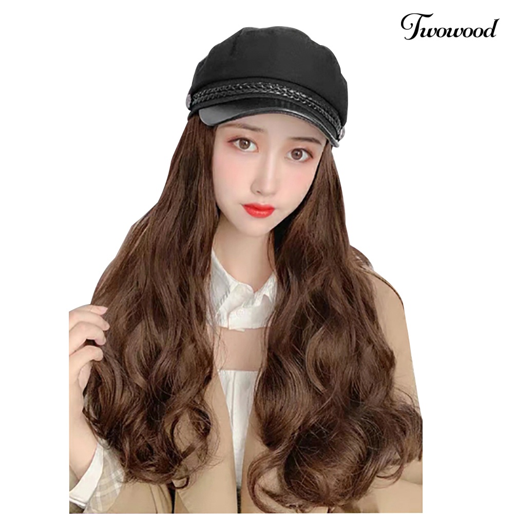 Twowood Wanita Fashion Rambut Palsu Panjang Gelombang Lurus Hairpiece Hair Extension Dengan Topi Berujung