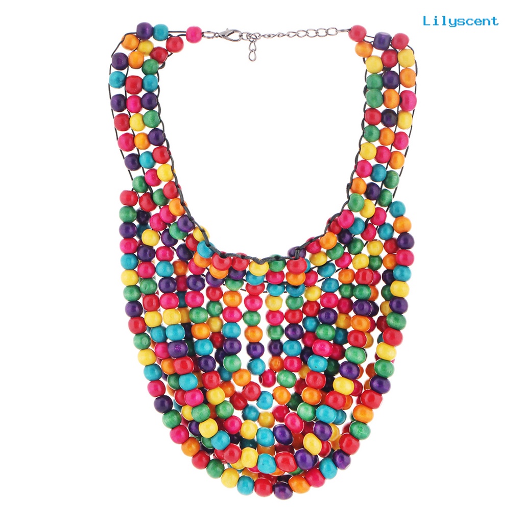 [LS]Wanita Kalung Vintage Multilayer Manik-Manik Warna-Warni Buatan Tangan Kepribadian Menawan Boho Rumbai Manik-Manik Kayu Bib Kalung Aksesoris Pesta