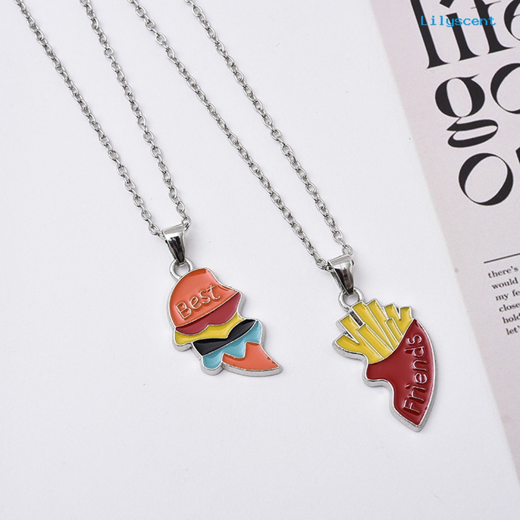 [LS]2Pcs/Set Couple Kalung Sahabat Berbentuk Hati Kalung Hamburger Kentang Goreng Patchwork Desain Kalung Perhiasan Aksesoris