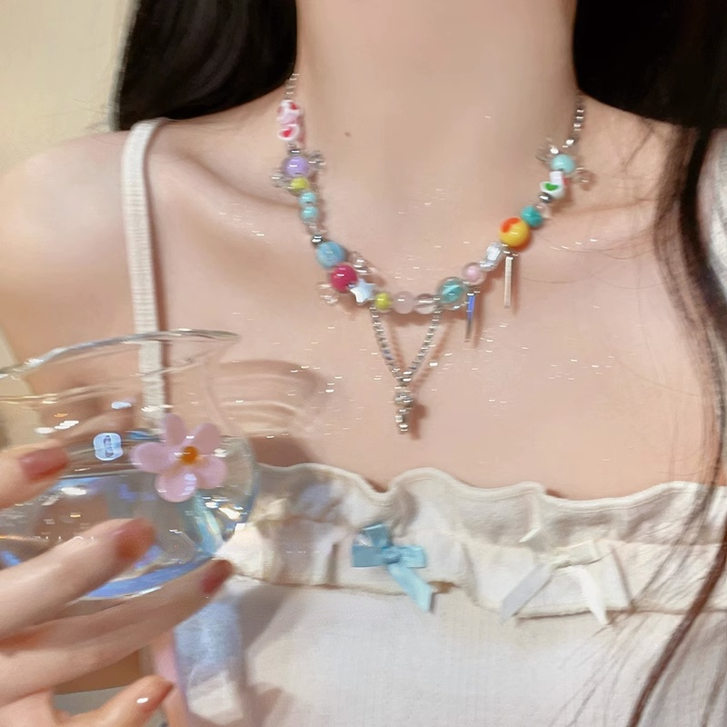 Kalung Permen Pelangi Warna-Warni Rantai Klavikula Choker Aksesoris Untuk Gadis Manis Keren