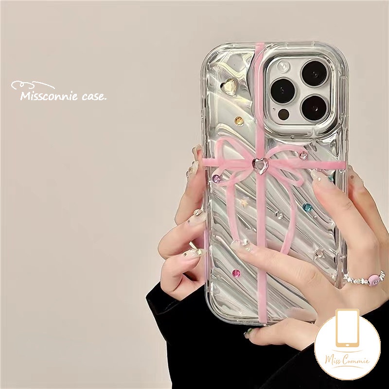 Casing Bening Kartu Laser Mewah Kompatibel Untuk IPhone 7Plus 12 11 13 14 Pro MAX 6 6S 7-8 Plus XR X XS MAX 8Plus SE 2020 Ins Pita Busur Cinta Hati Berlian Lembut Tpu 3D Bergelombang Melengkung Cover