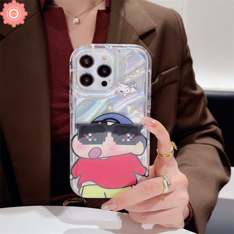 IPHONE Kacamata Hitam Keren Crayon Shin-Chan Casing Kartu Laser Mewah Kompatibel Untuk Iphone11 13 14 12 Pro MAX 7Plus XR 8 6 6S Plus X XS MAX SE 2020 Dazzle Color 3D Stereo Corrugation Soft Case