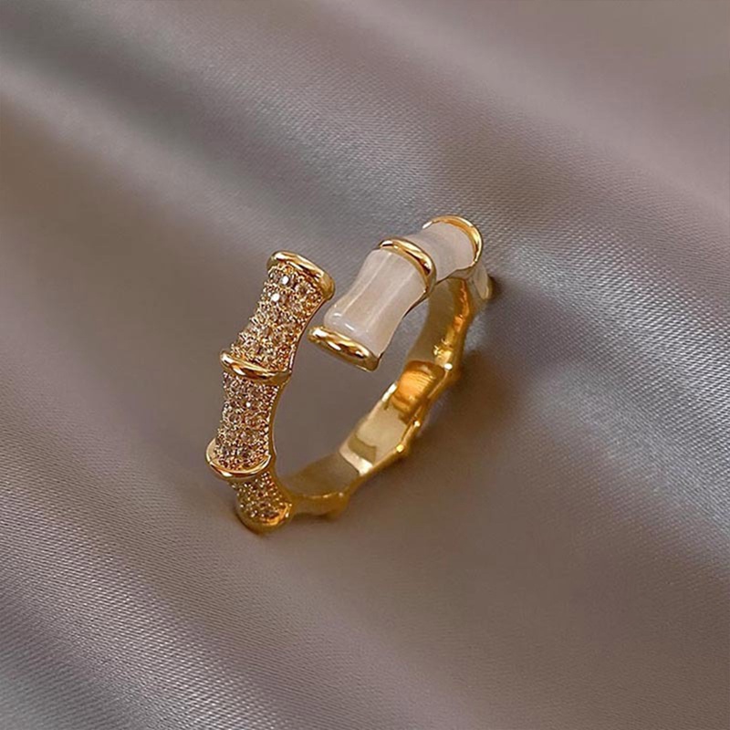 Desain Baru Opals Bamboo Shape Gold Adjustable Open Rings Korea Fashion Perhiasan Pesta Mewah Aksesori Untuk Wanita Gadis Hadiah