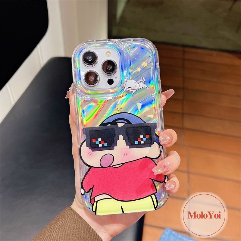 Dazzle Color 3D Stereo Corrugation Case Kompatibel Untuk IPhone 7Plus XR XS X Max 6 6S 8plus11 14 12 13 Pro Max SE 2020kacamata Hitam Keren Crayon Shin-Chan Kartu Laser Mewah Soft Case