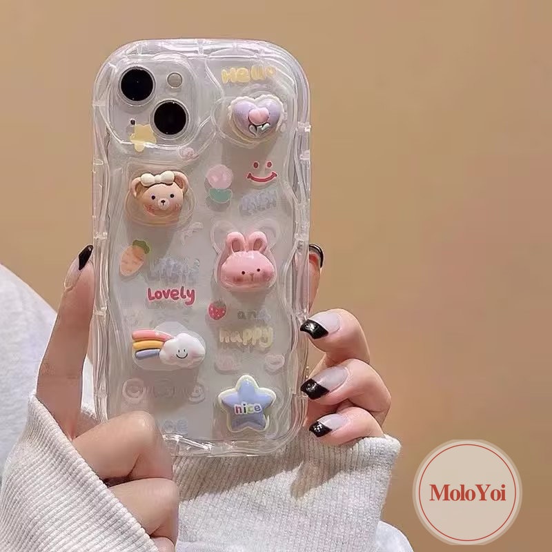 Kartun DIY Boneka Lucu Beruang Monster Bintang Kelinci Pelangi Casing Ponsel Kompatibel Untuk iPhone XR X XS Max11 12 13 14 Pro Max7 6s 8 6 Plus Se2020 3D Tepi Bergelombang Melengkung Glossy Soft Cover