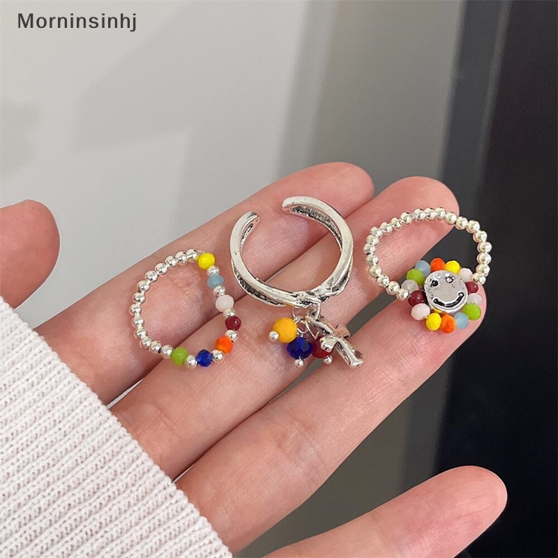 Mornin Manik-Manik Warna-Warni Smiley Elastis Manik-Manik Diy Cincin Gadis Ins Desain Niche Jari Telunjuk Cincin Pasang Perhiasan Wanita Lucu Cincin id