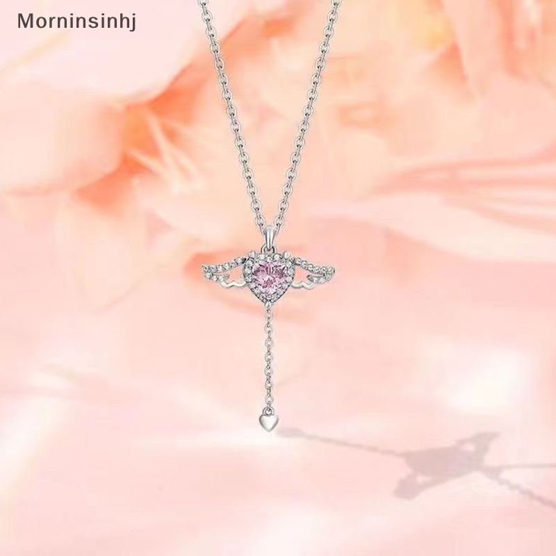 Mornin Zirkon Sayap Malaikat Hati Liontin Kalung Wanita Gadis Sederhana Y2K Pink Putih Zirkon Cinta Elegan Kalung Wanita Perhiasan id