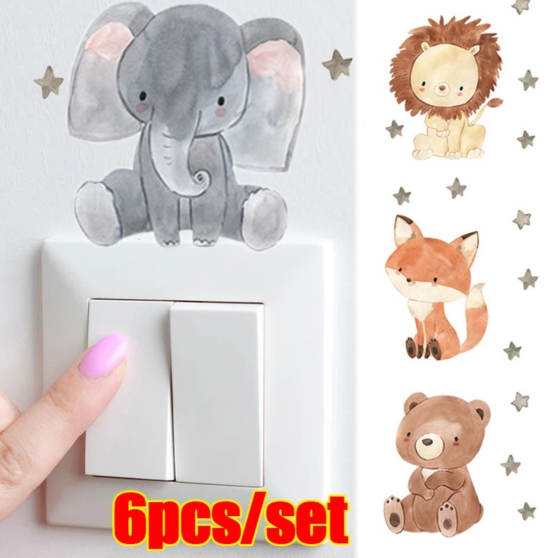 Stiker Dinding Saklar Dinding Kartun Singa Gajah Lucu/ Self-adhesive PVC Socket Decals Untuk Dekorasi Kamar Tidur Anak