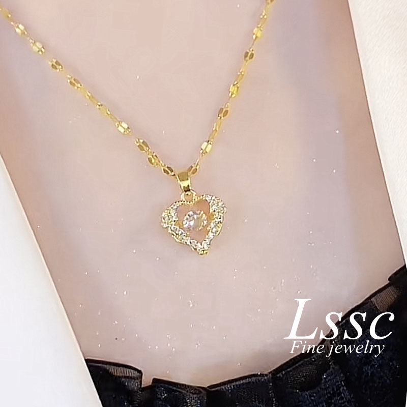 Kalung Titanium Hati yang Berdetak Berlian Mewah Emas 18K Anti Karat Cantik Korea Aksesoris Wanita Perhiasan