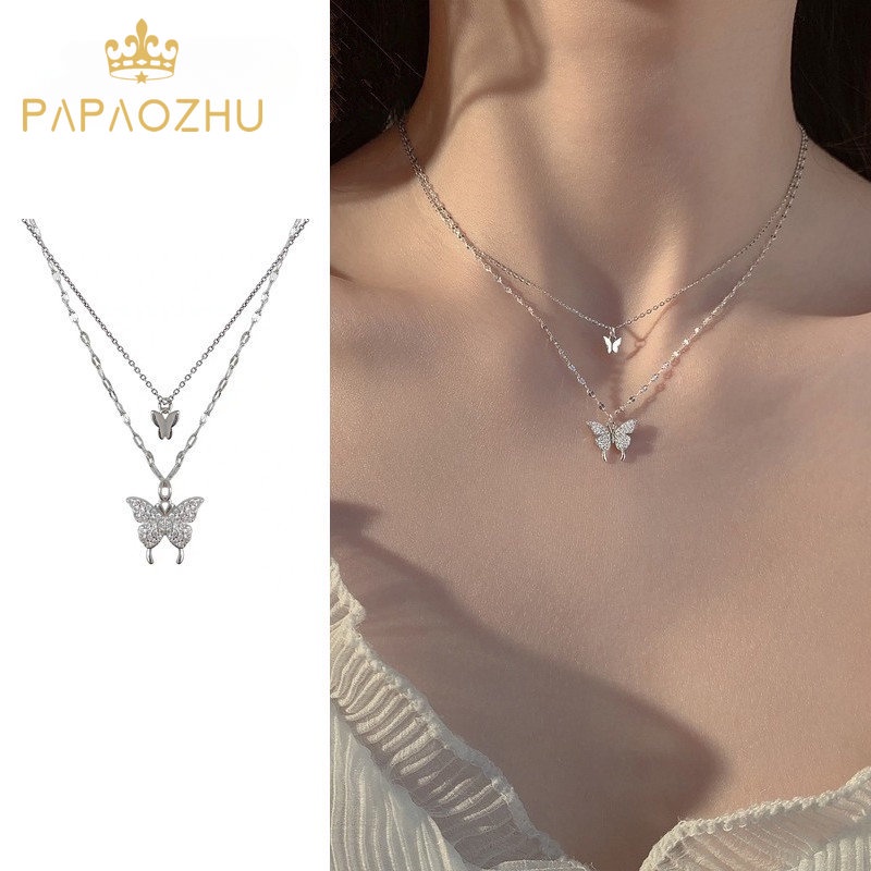 Papaozhu Halus s925 Perak Double Layered Rantai Kristal Kupu-Kupu Liontin Kalung Untuk Wanita Perempuan Korea Elegan Tulang Selangka Chain Necklace Jewelry