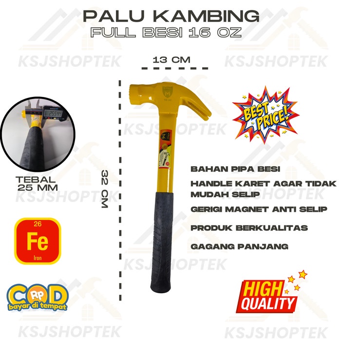 Palu Kambing Full Besi Maxtech Pipa Besi 16 oz Gagang Besi Claw Hammer