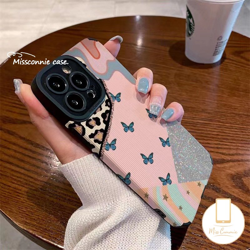 Ins Cinta Hati Shockproof Case Kompatibel Untuk IPhone XR 11 13 12 14 Pro 7Plus Max7 8 Plus X XS MAX Merek Trendi Leopard Jahitan Kontras Penutup Tekstur Kulit