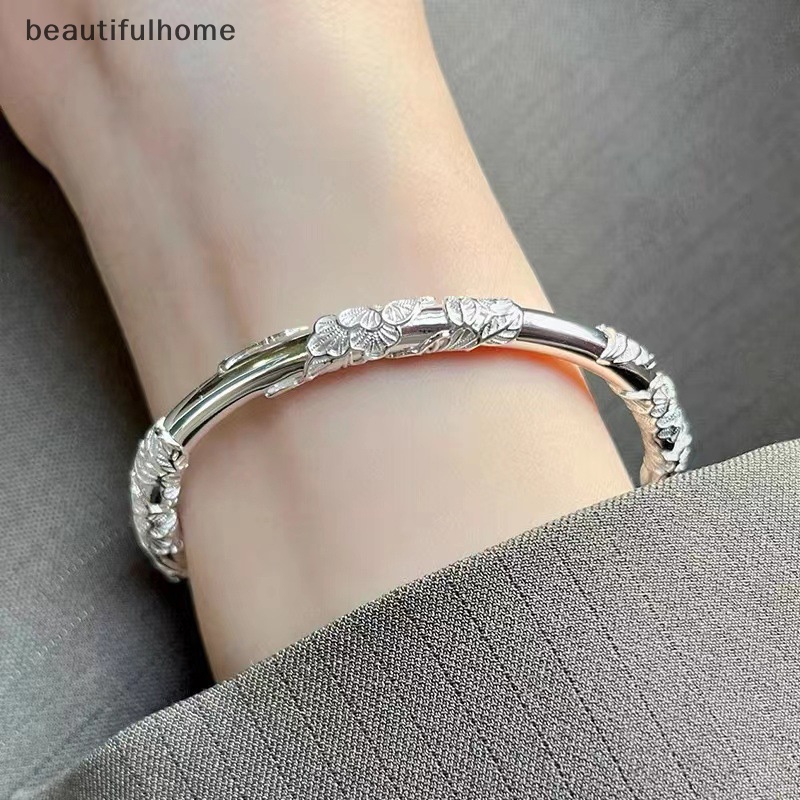 {beautifulhome} 1pc Perak Wanita Penuh-blown Bunga Gelang Halus Dan Ringan Terbuka Dapat Disesuaikan Gelang Padat Fashion Gelang Perhiasan Perak.