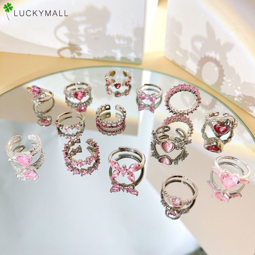 Foto Fashion Adjustable Gemstone Heart Rings Cincin Jari Crtystal Pink Elegan Untuk Aksesoris Perhiasan Wanita