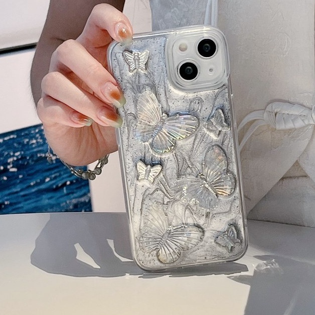 Silver Grey Pigment Butterfly Soft TPU Case HP iP iPhone 14 13 12 11 Pro X XS XR Max 7 8 + Plus SE 2020 2022 Drop Glue FTD Casing Apple