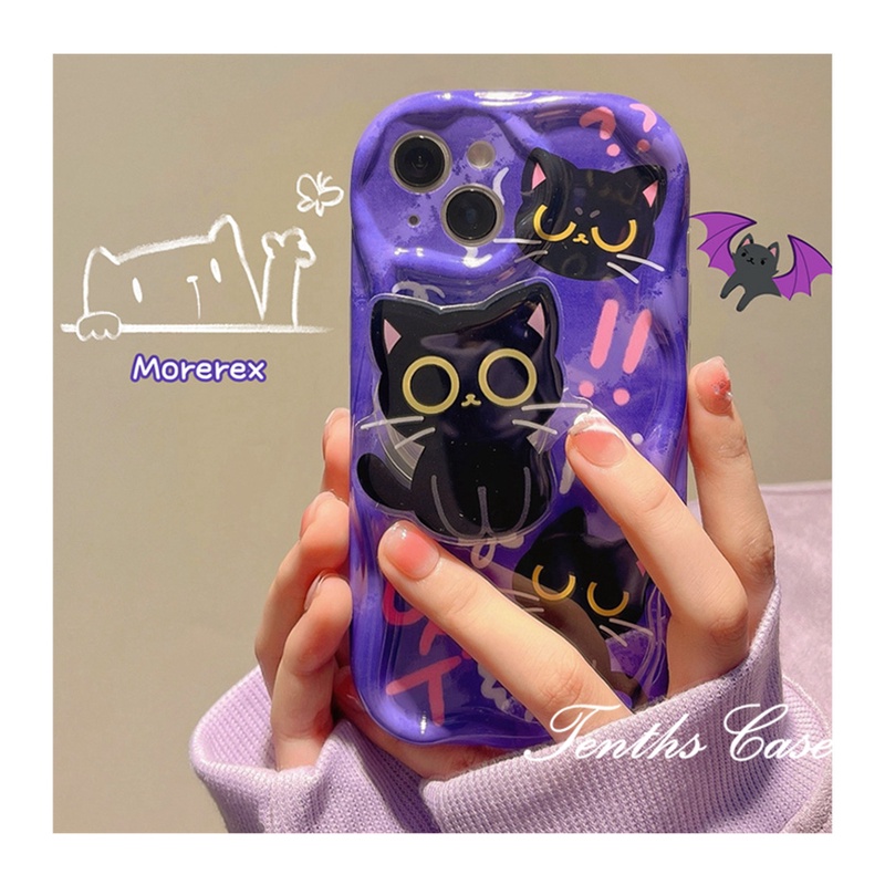 Kompatibel Untuk IPhone14 13 12 11 Pro Max8 7 6 6s Plus X Xr Xs Max SE 2020 3D Tepi Melengkung Meow Phone Case Dengan Holder