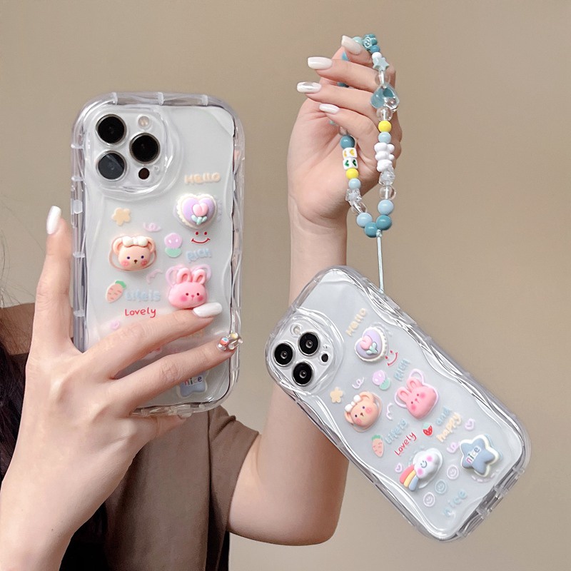 3D Clear Hand Made Diy Cute Cream Rabbit Bear Flower Soft Case iPhone 11 12 13 14 Pro Max New Apple for women girls Gift Bracelet Airbag case