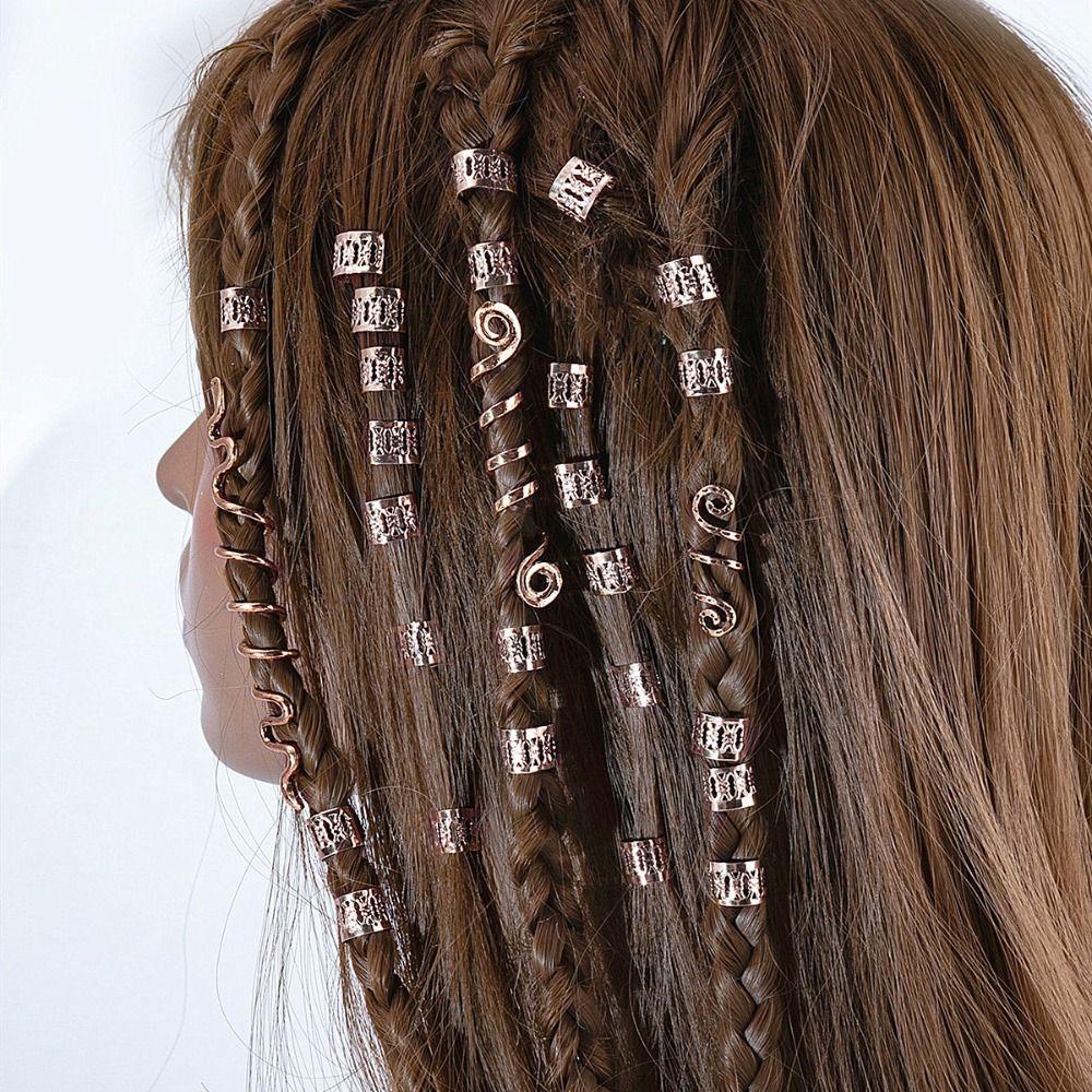 Needway 28pcs /set Klip Cincin Rambut DIY Curve Silver Viking Celtic Knot Alloy Golden Kotor Kepang Rambut Gesper Untuk Wanita