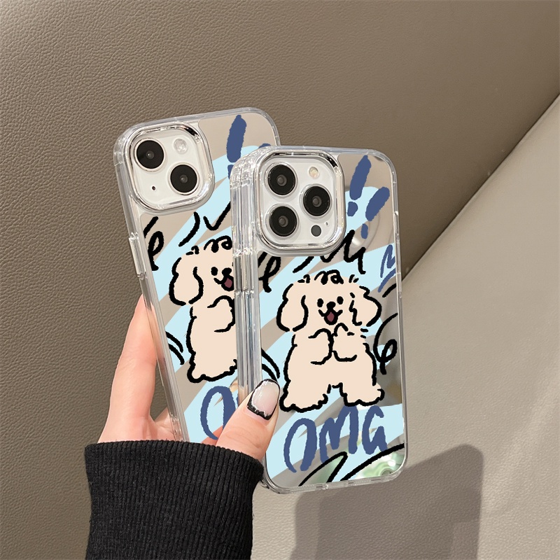 IPHONE Kartun Anjing Lucu Cermin Ponsel Case Kompatibel Untuk Iphone11 12 13 14 12Pro 13Pro 14Pro Pro Max XR X XS Max Electroplating Tombol Perlindungan Mirror Cover