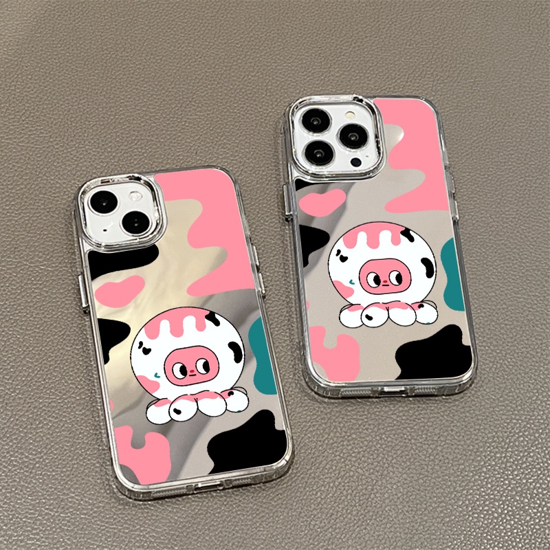 IPHONE Casing Ponsel Cermin Gurita Kartun Kompatibel Untuk Iphone11 12 13 14 12Pro 13Pro 14Pro Pro Max XR X XS Max Electroplating Tombol Perlindungan Mirror Cover