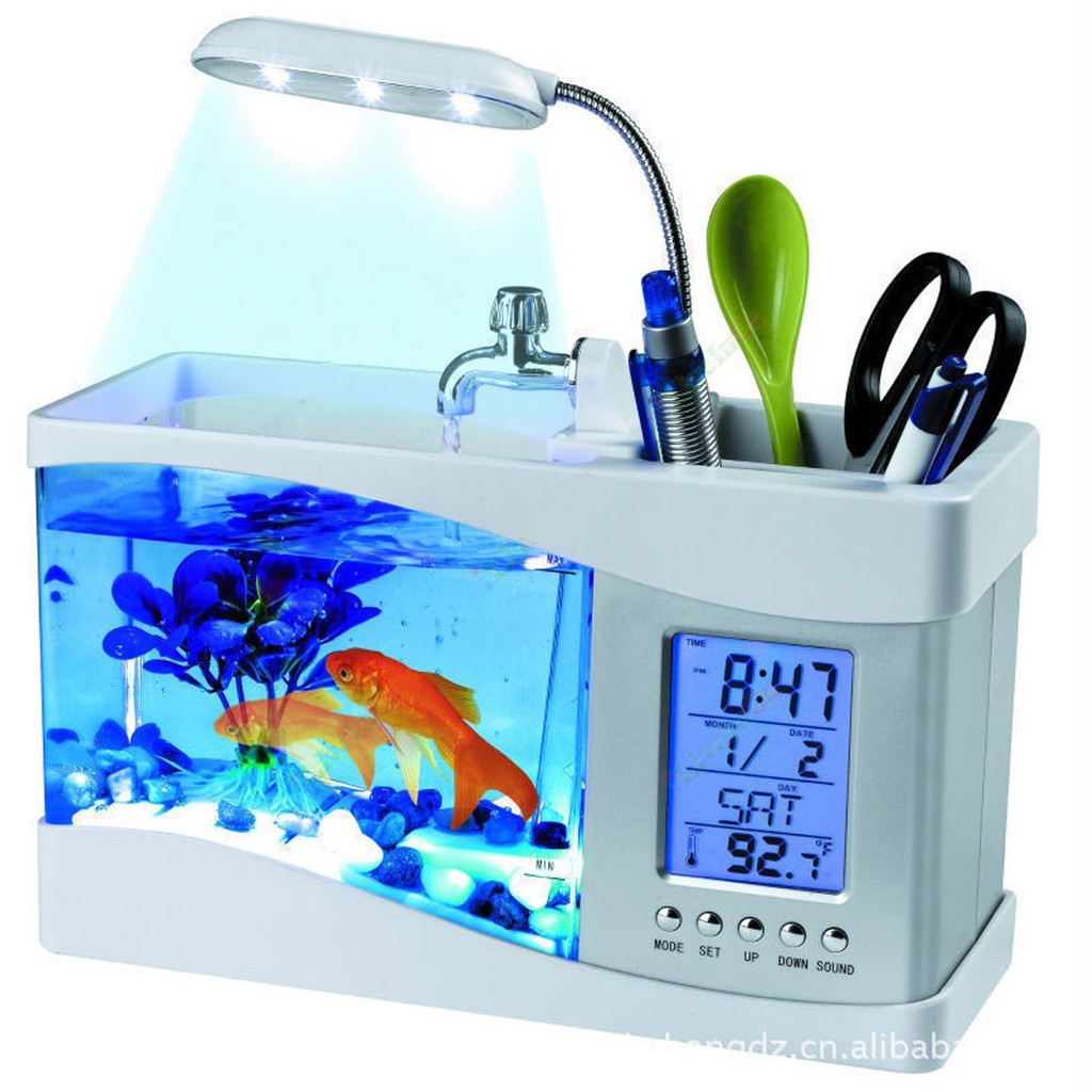 USB Desktop Aquarium Mini Fish Tank with Running Water - Akuarium Mini with LCD Display