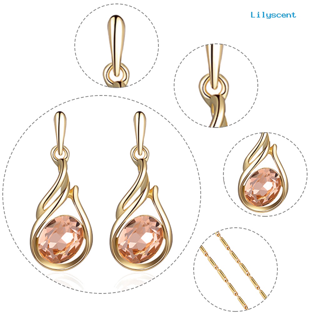 [LS]Wanita Berlian Imitasi Oval Imitasi Kuarsa Liontin Telinga Stud Anting Kalung Set Perhiasan