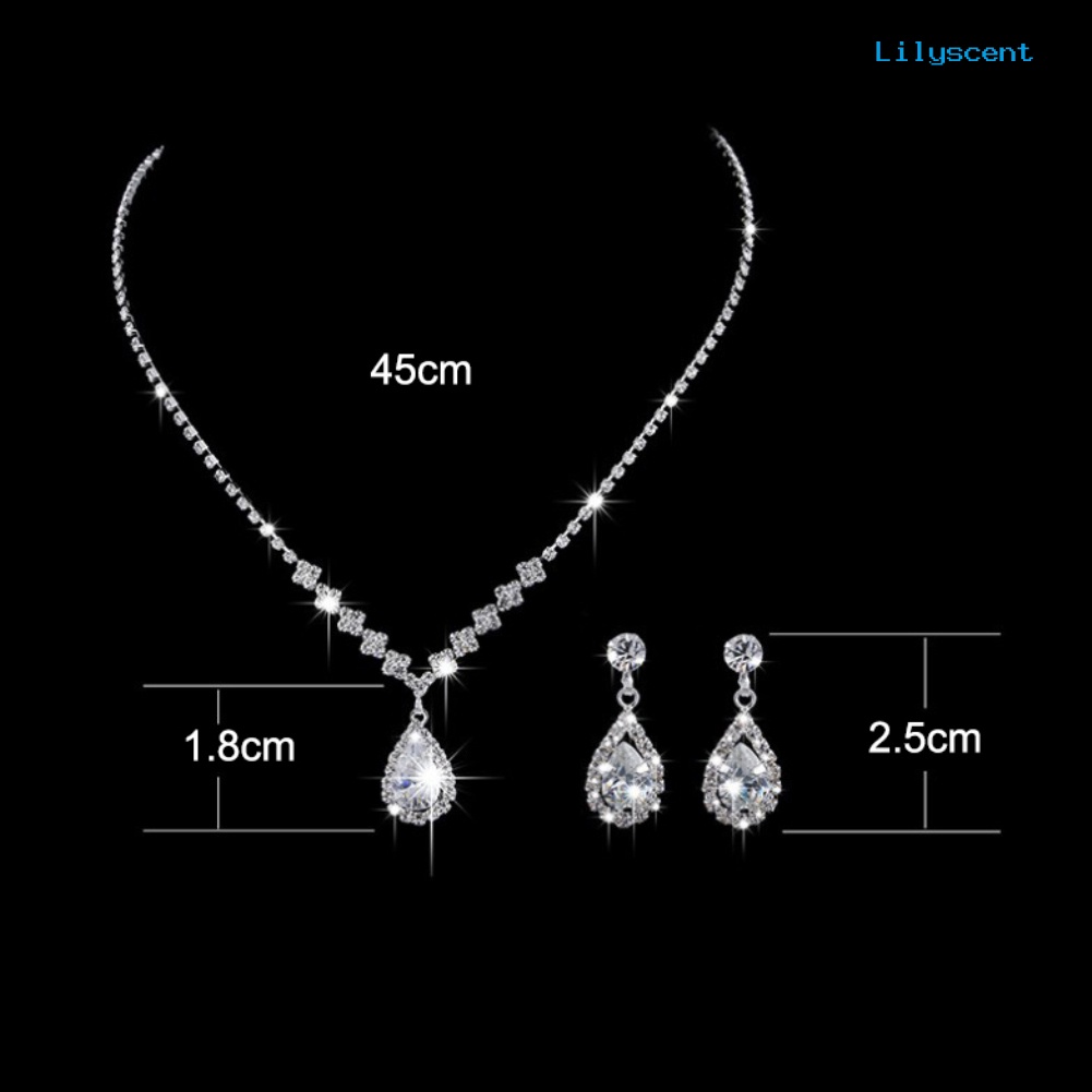 [LS] Elegan Lady Teardrop Berlian Imitasi Menjuntai Rantai Kalung Kait Anting Set Perhiasan