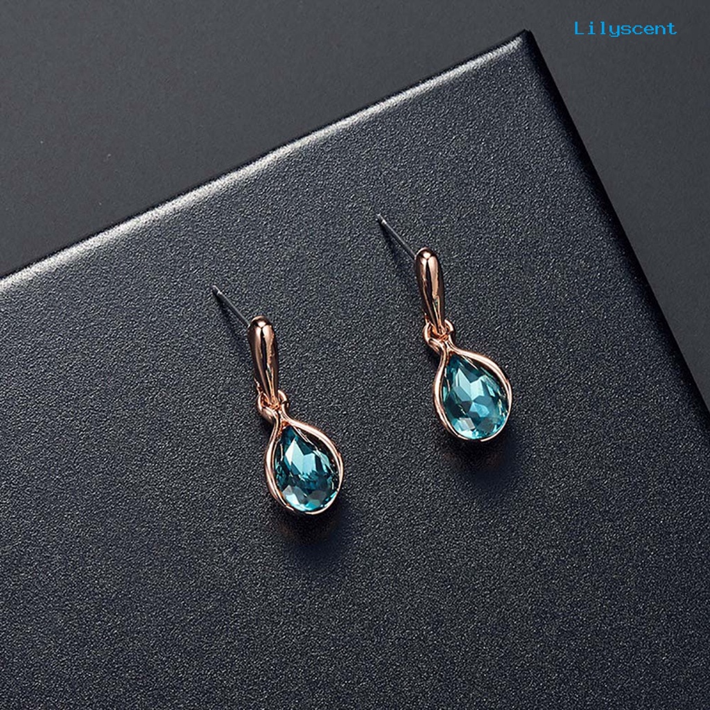 [LS]Wanita Cubic Zirconia Tetesan Air Liontin Kalung Ear Stud Earrings Set Perhiasan