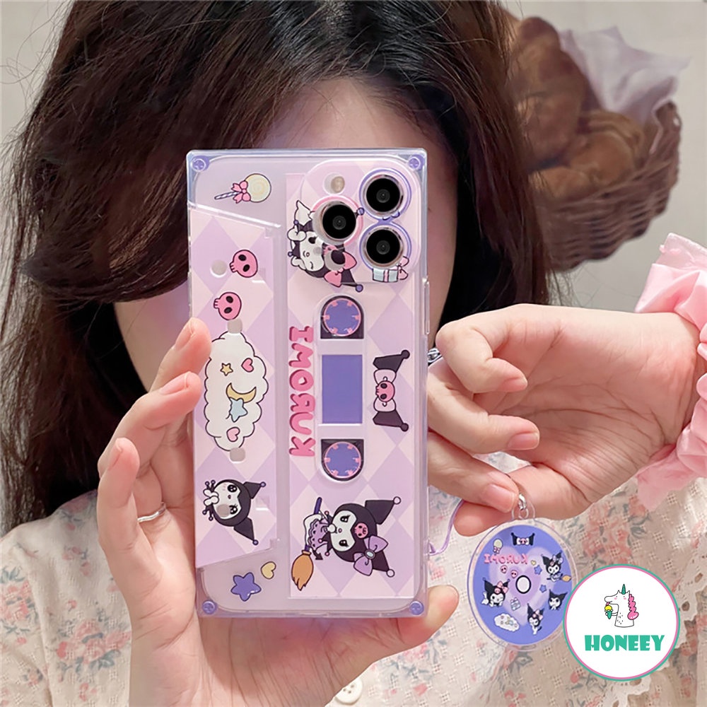 IPHONE Retro Musik Tape Art Kartun Bracket Shell Transparan Casing Ponsel Untuk Iphone14 13 12 Pro Max Case Iphone11Lucu Shockproof Soft Cover