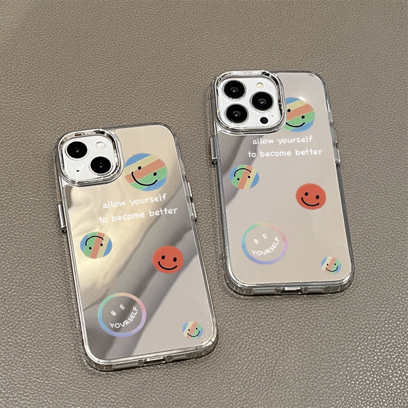 IPHONE Case Ponsel Cermin Wajah Smile Kompatibel Untuk Iphone11 12 13 14 12Pro 13Pro 14Pro Pro Max XR X XS Max Electroplating Tombol Perlindungan Mirror Cover