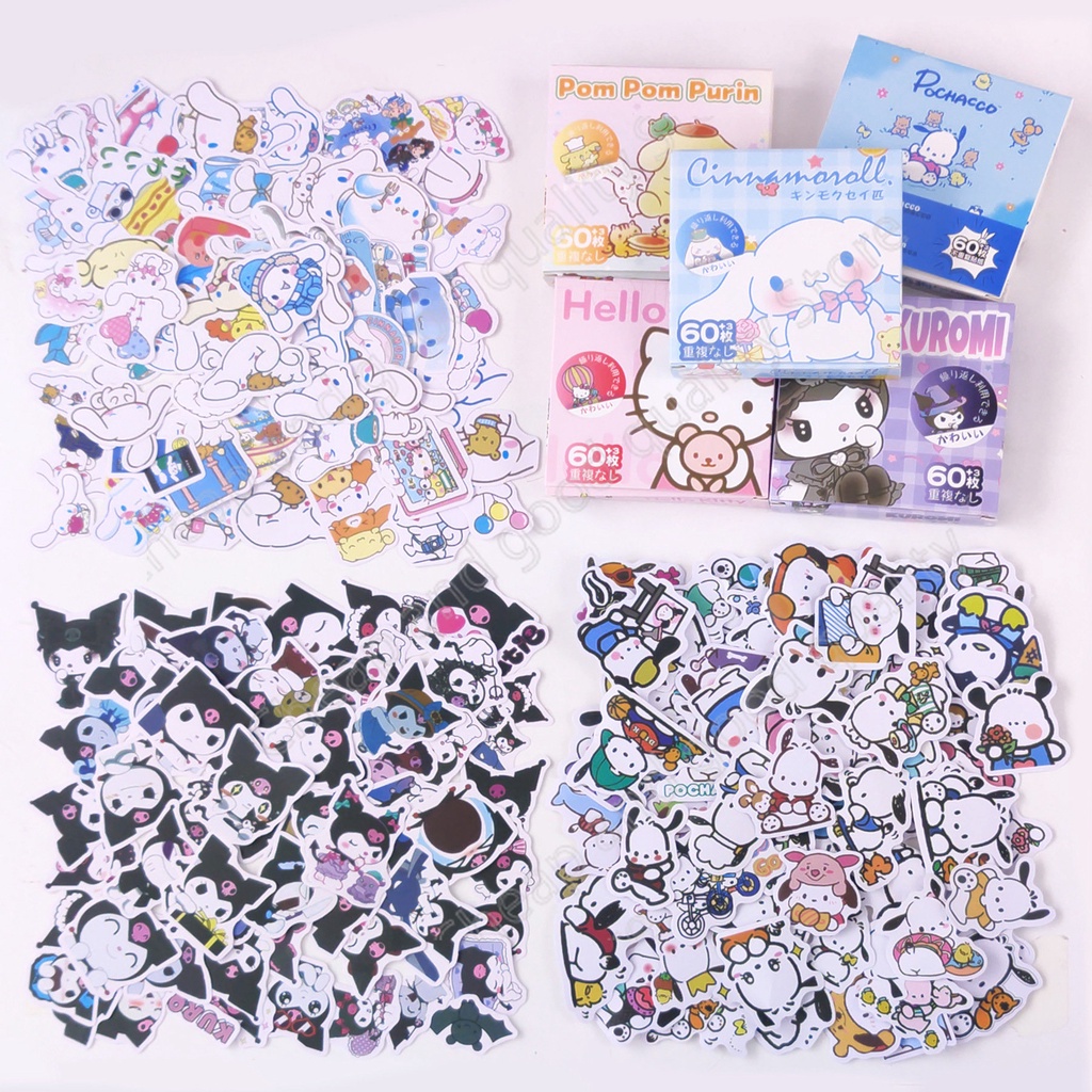60pcs Anime Sanrio Stiker Hello Kitty My Melody Kuromi Cinnamoroll Mainan Anak DIY Laptop Gitar Sticker Decals
