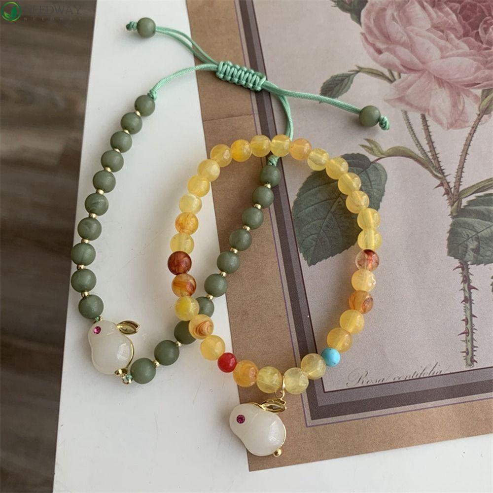 NEEDWAY Giok Kelinci Gelang Lucu Adjustable Zamrud Gelang Hadiah Perhiasan Gaya Cina Perhiasan Hijau Gaya Korea Bracelets