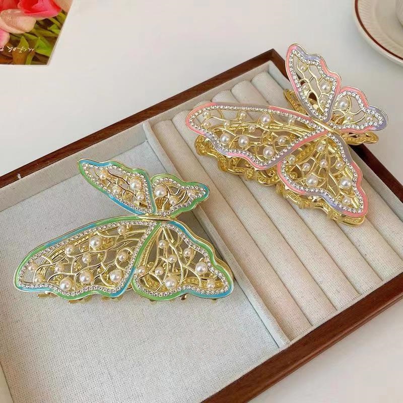 Jedai Logam 9.5cm Kupu Kupu Jepit Rambut Alloy Jumbo dengan Aksen Mutiara Permata Jepit Rambut Salon Diamond Pearl Bahan Besi Metal Motif Butterfly