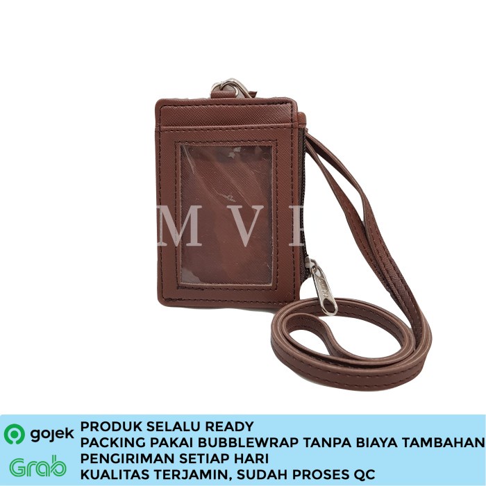 

[DD] Lanyard Retsleting Name Tag ID Card Holder Kulit Sintetis Coklat Tua