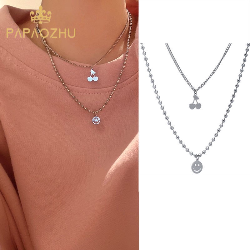 Papaozhu Indah Gadis Smiley Face Cherry Liontin Kalung Untuk Wanita Stainless Steel Manik-Manik Rantai Kalung Perhiasan