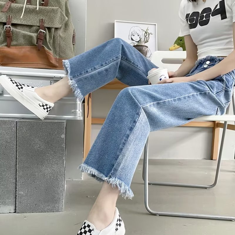 Tren Tepi Mentah Baru Serba Cocok Dengan Jeans Pinggang Tinggi Wanita Celana Jeans Lurus Lurus Musim