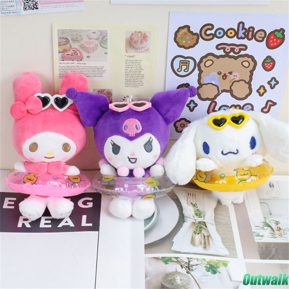 ღ Sanrio Plush Boneka Liontin Cincin Renang Kuromi Cinnamon Anjing Ransel Liontin Lucu Plush Boneka Kartun Tas Ornamen Boneka Gantungan Kunci Untuk Hadiah