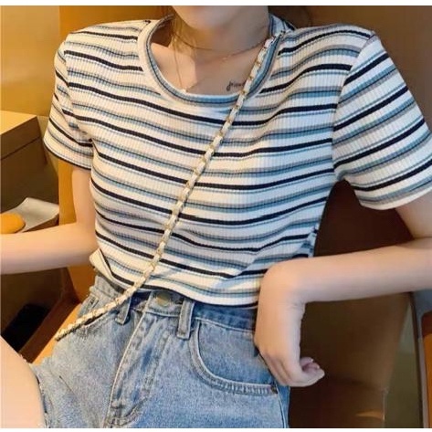 BEFAST - ZEC OOTD WANITA TSIRT ANGGI / Hanna JUMBO Ribbed Crop Top XL / Atasan Wanita Lengan Pendek / Kaos Motif Garis-Garis Terbaru / Pakaian Casual Remaja ABG Trendy / OOTD Wanita Ala Korean Style / Tshirt Kekinian Remaja ABG Terlaris