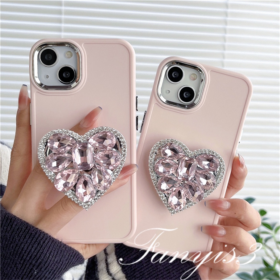 Compatible For iPhone 14 13 12 11 Pro Max X XR Xs Max 8 7 Plus Kompatibel Untuk Pink Kristal Love Phone Case Lembut Cover Pelindung Dengan Bracket